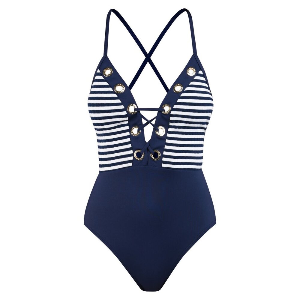 🆕LA BLANCA Sail Plunge Lace Up One Piece Swimsuit Navy Blue White 10 - Picture 6 of 10